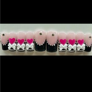 Pink and Black Heart Nail Set